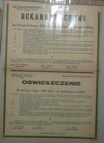 Obwieszczenie dot. podatków, Warszawa 1940